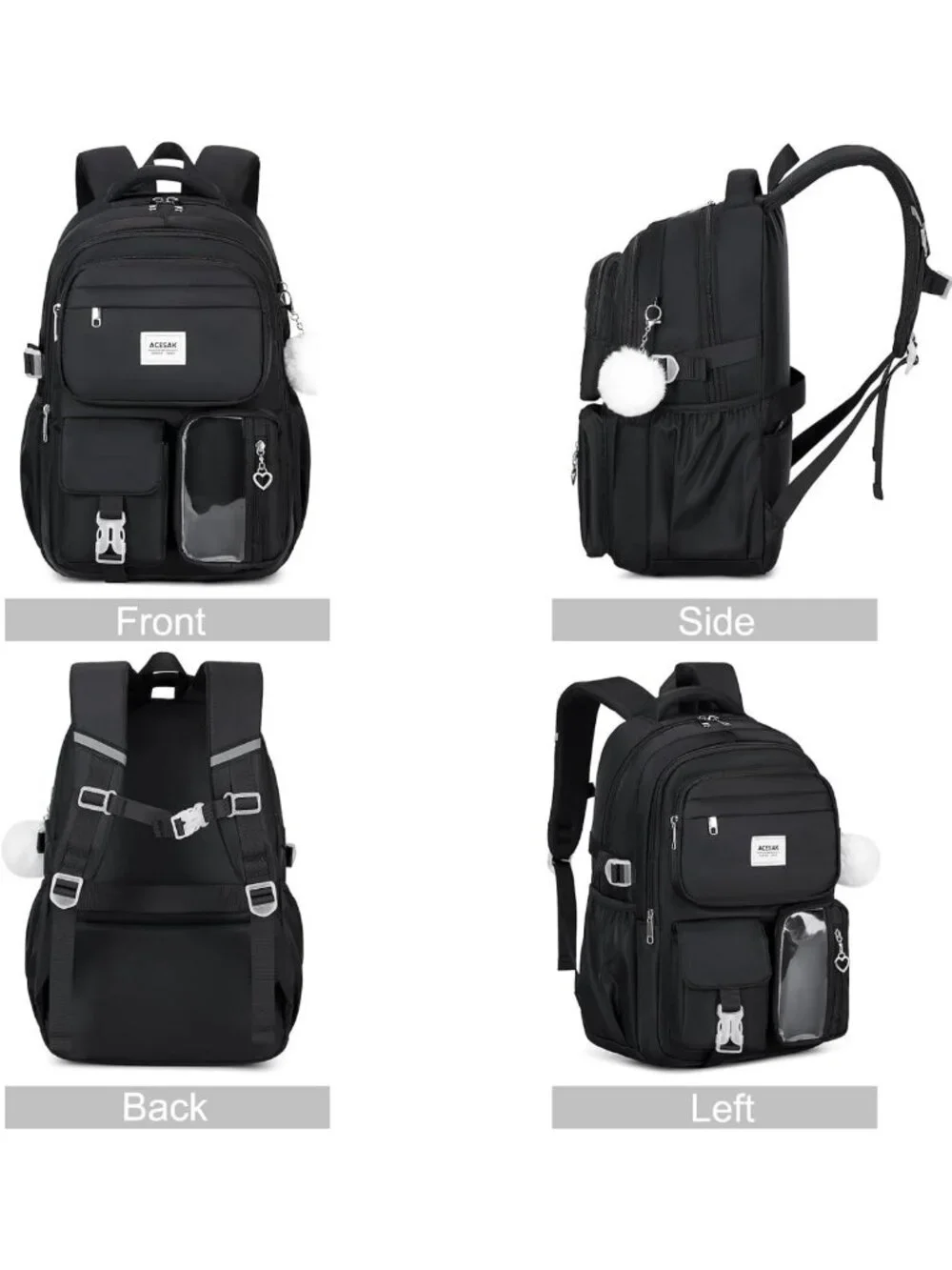 Stylish Black Girls' Backpack with Lunch Box & Pencil Case - Perfect for School!